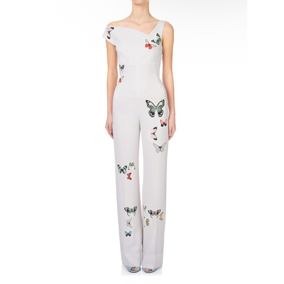 Roland Mouret Pants - Roland Mouret Ramsey jumpsuit Size 6 Ivory Butterly Print Wide Leg Sleeveless
